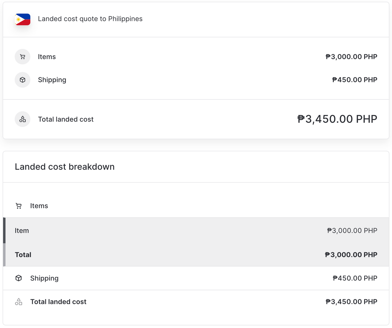 Philippines landed cost quote below the de
minimis