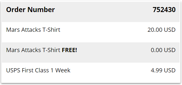 Graphic that shows an example of a BOGO order for a
t-shirt.